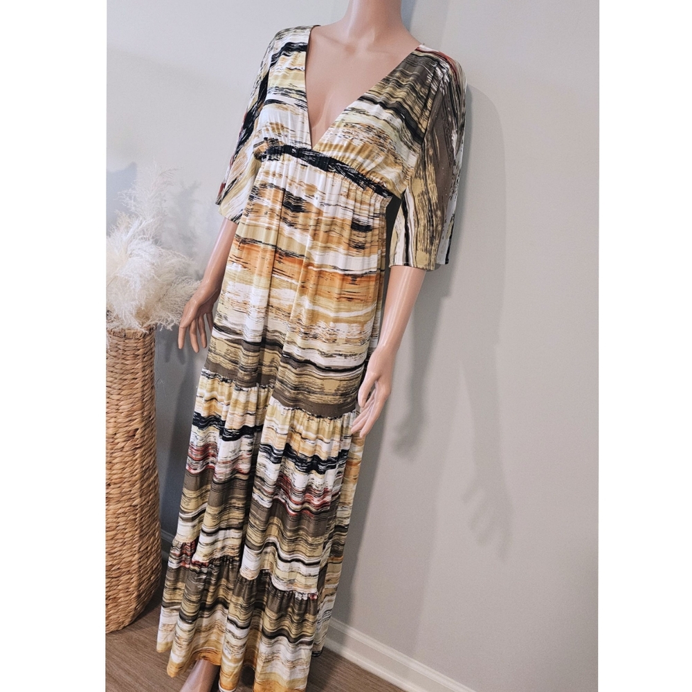 Tbags Los Angeles Bohemian Inspired V-neck Tiered Maxi Dress
